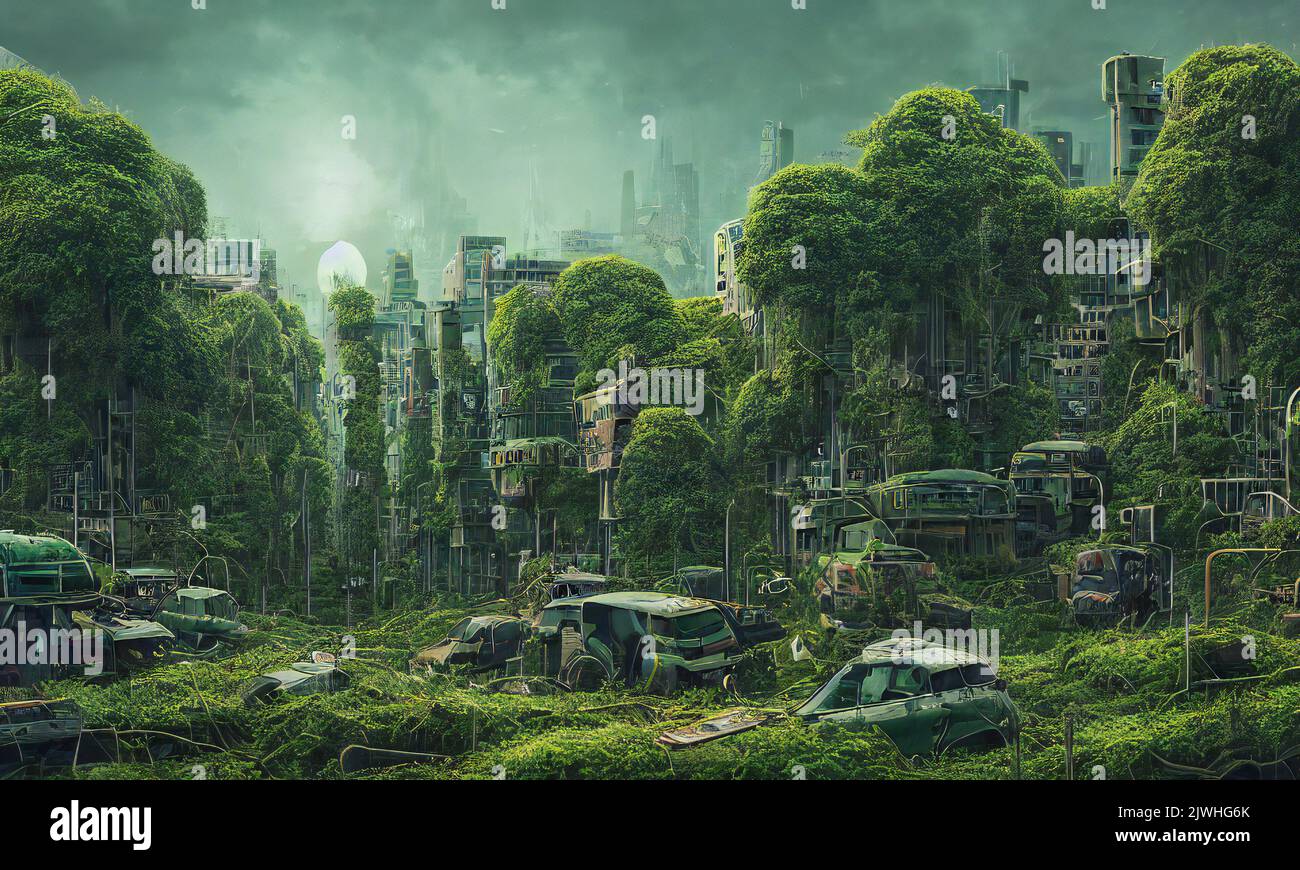 Postapokalyptische Stadt, dystopisch überwuchert Gebäude, digitale Malerei Stockfoto