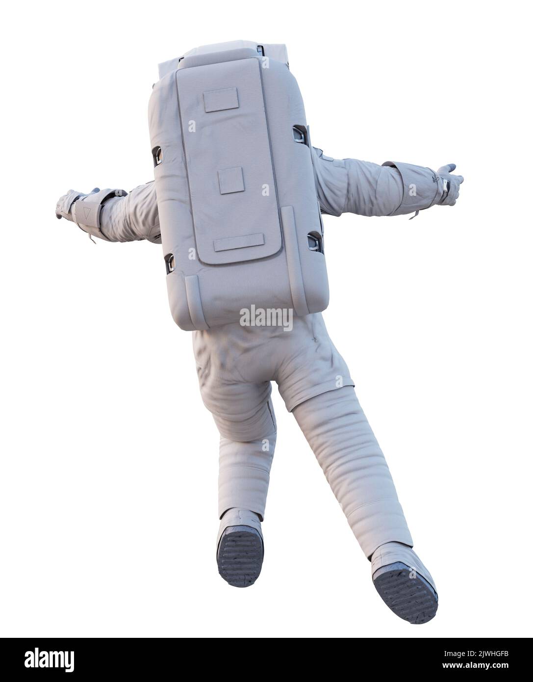 astronaut fliegt im Weltraum von hinten, isoliert auf weißem Hintergrund Stockfoto
