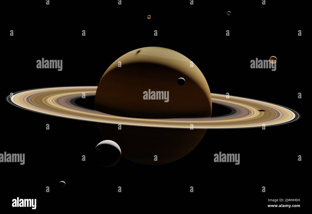 Planet Saturn mit Monden, isoliert auf schwarzem Hintergrund Stockfoto