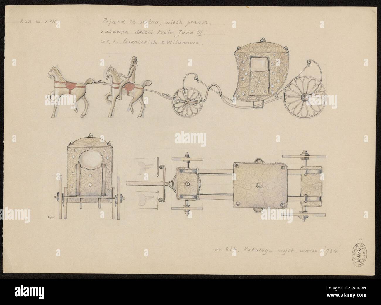 Silbernes Fahrzeug – Spielzeug der Kinder des Königs Johann III. Sobieski von der Seite, von hinten und von oben gesehen, im Maßstab 1:1, Eigentum der Braniccy-Grafen von Wilanów im Jahr 1934. J.W. (Ca 1934), Zeichner, Karikaturist Stockfoto