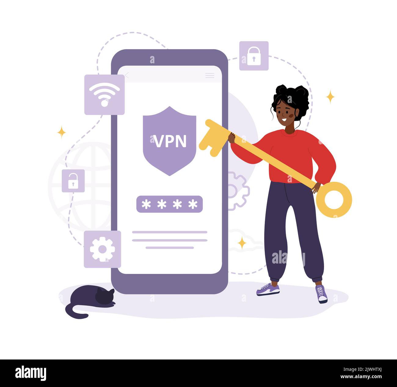 VPN-Technologie. Afrikanische Frau, die Software zum Schutz personenbezogener Daten verwendet. Virtuelle private Netzwerkverbindung. Internetdienstanbieter. Sicheres Internet Stock Vektor