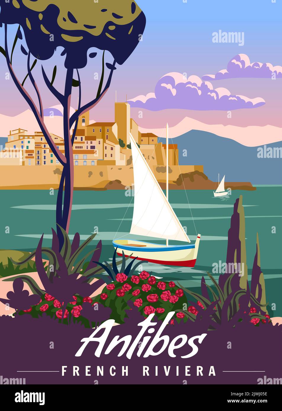 Retro-Poster An Der Französischen Riviera Von Antibes. Blick auf die tropische Küste, Palmen, Mittelmeer, Küstenstadt, Segelboot. Stock Vektor