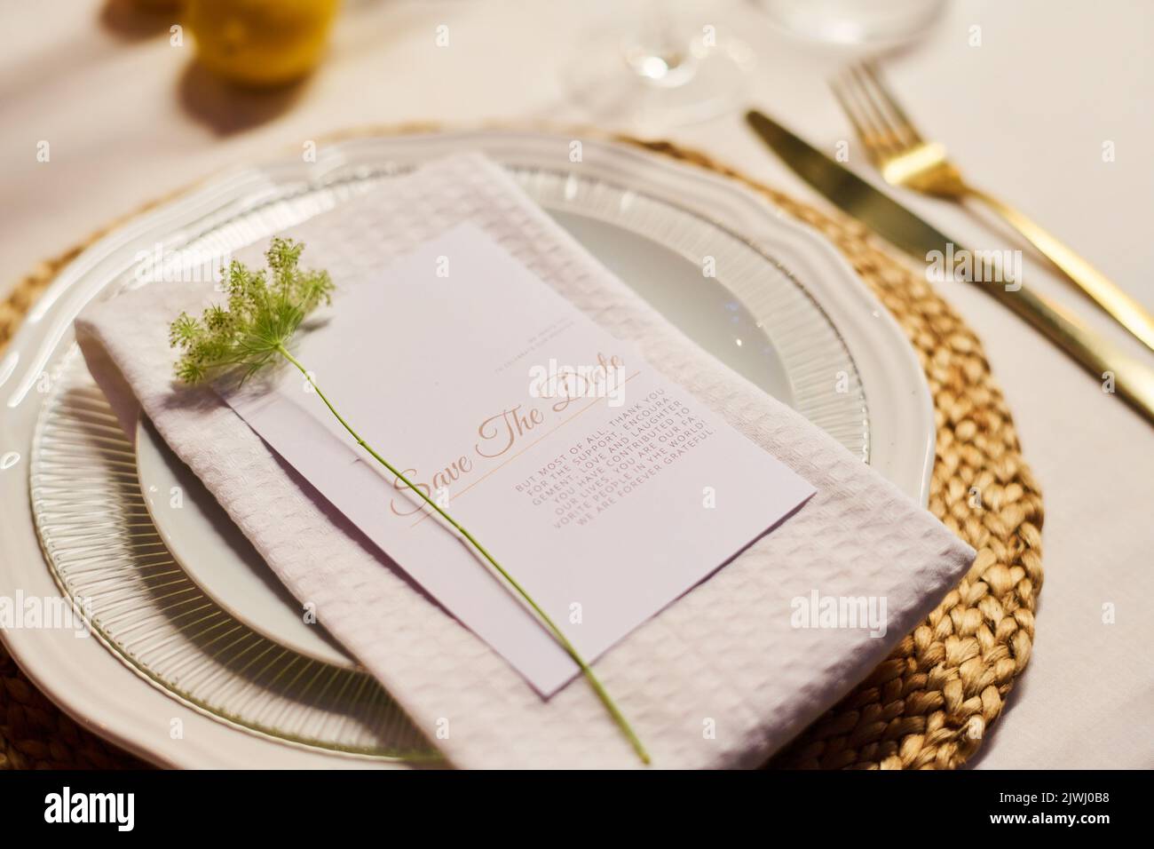 Nahaufnahme eines weißen Porzellantellers mit gefalteter Baumwollserviette und einer kleinen grünen Zierpflanze über der Karte mit Text auf dem geservierten Tisch Stockfoto