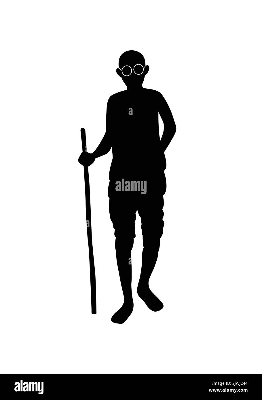 Happy Gandhi Jayanti grafische Ressource mit Spazierstock Brille oder Brille Vektor Illustration. Gandhi Ji Standing Silhouette. Dandi oder salzmarsch Stock Vektor