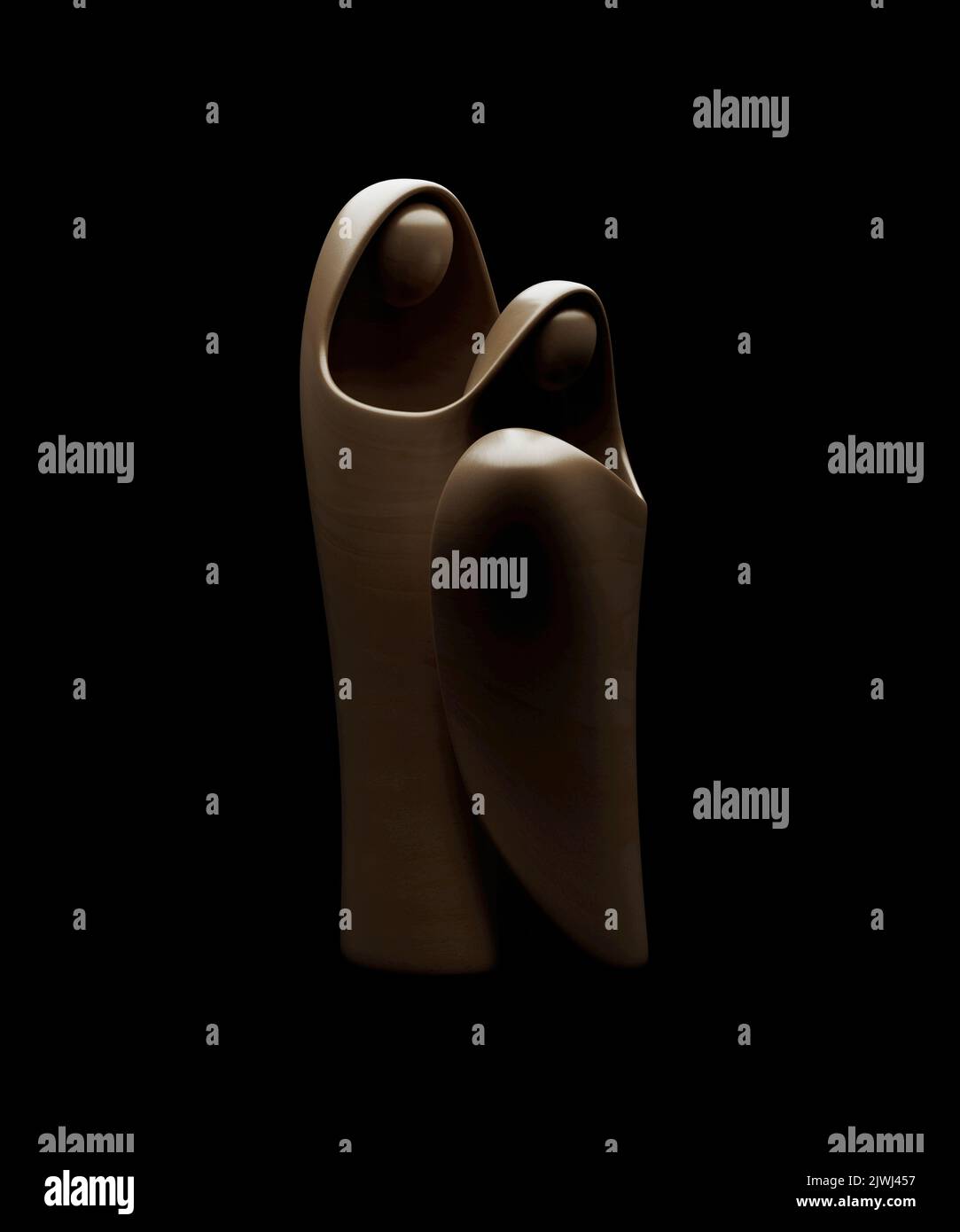 Eine abstrakte stilisierte Holzschnitzerei, die eine christliche weihnachtskrippe mit maria, josef und dem Jesuskind darstellt - 3D Render Stockfoto