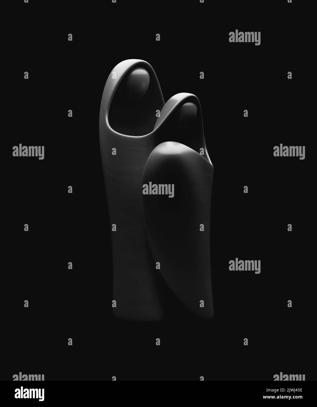 Eine abstrakte stilisierte Holzschnitzerei, die eine christliche weihnachtskrippe mit maria, josef und dem Jesuskind darstellt - 3D Render Stockfoto