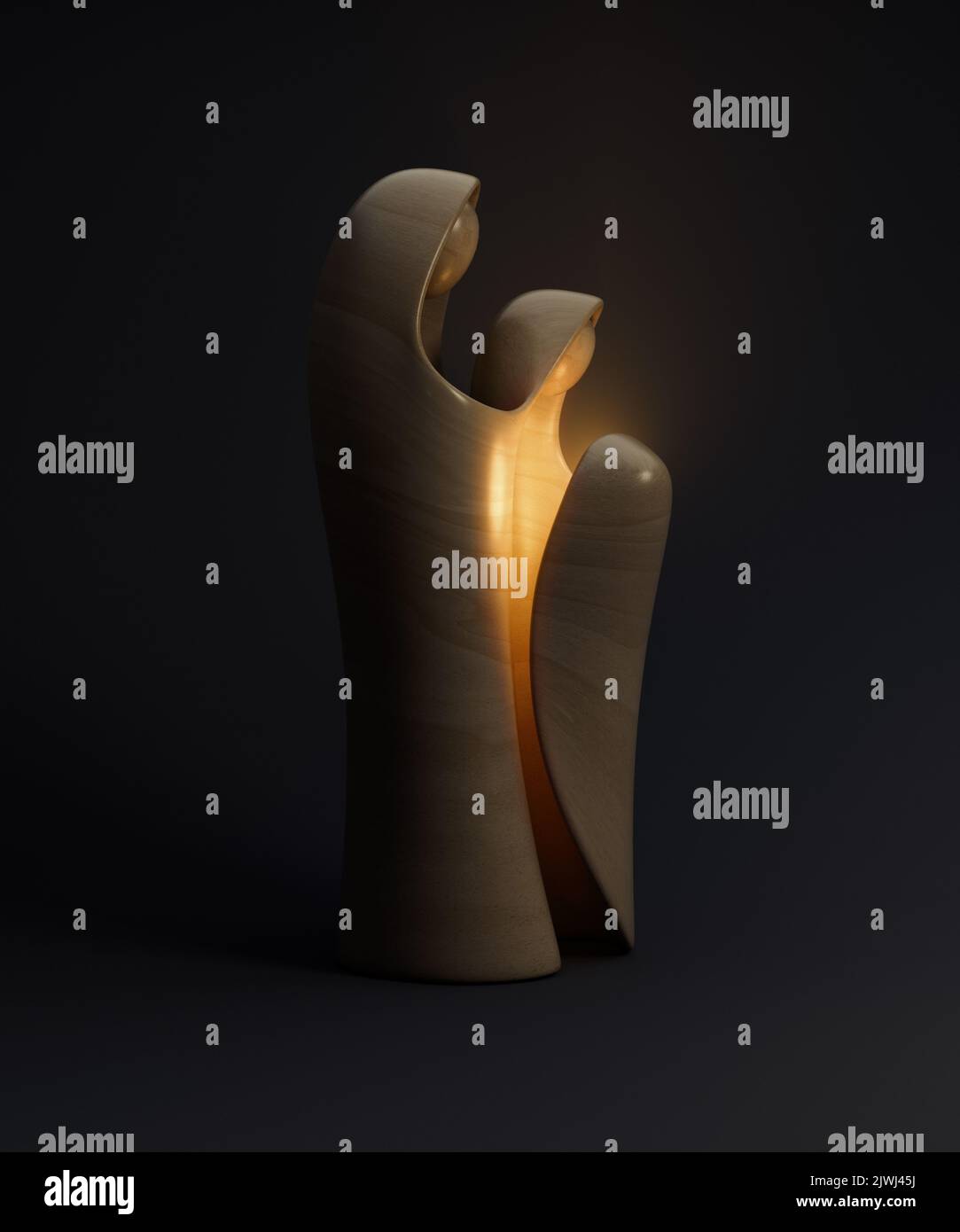 Eine abstrakte stilisierte Holzschnitzerei, die eine christliche weihnachtskrippe mit maria, josef und dem Jesuskind als erhellendes Licht darstellt - 3D r Stockfoto