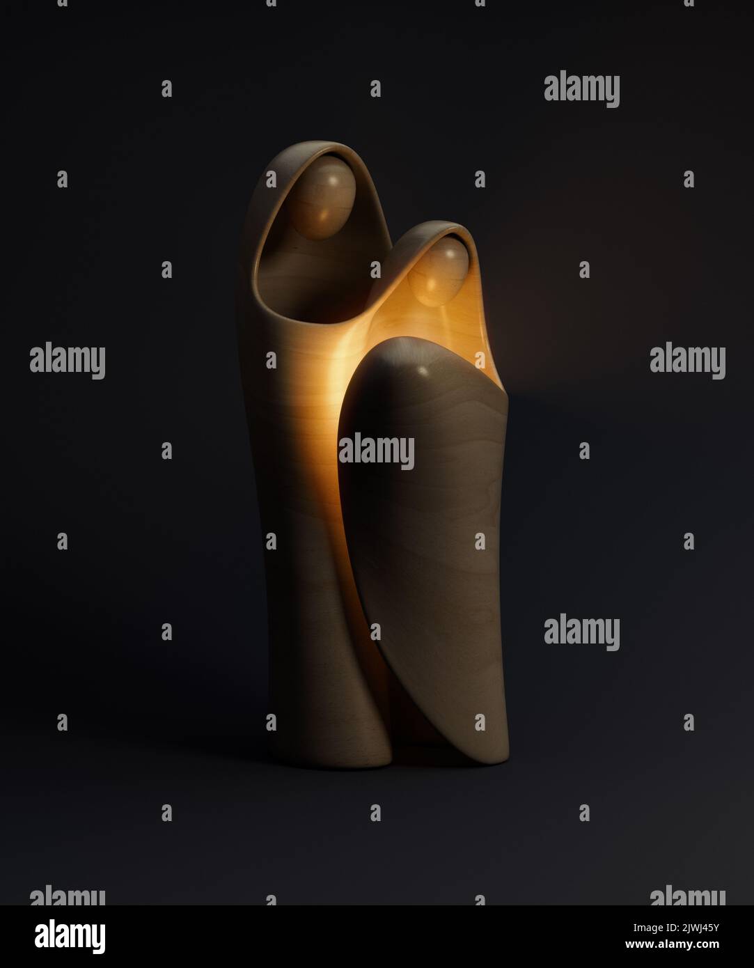Eine abstrakte stilisierte Holzschnitzerei, die eine christliche weihnachtskrippe mit maria, josef und dem Jesuskind als erhellendes Licht darstellt - 3D r Stockfoto