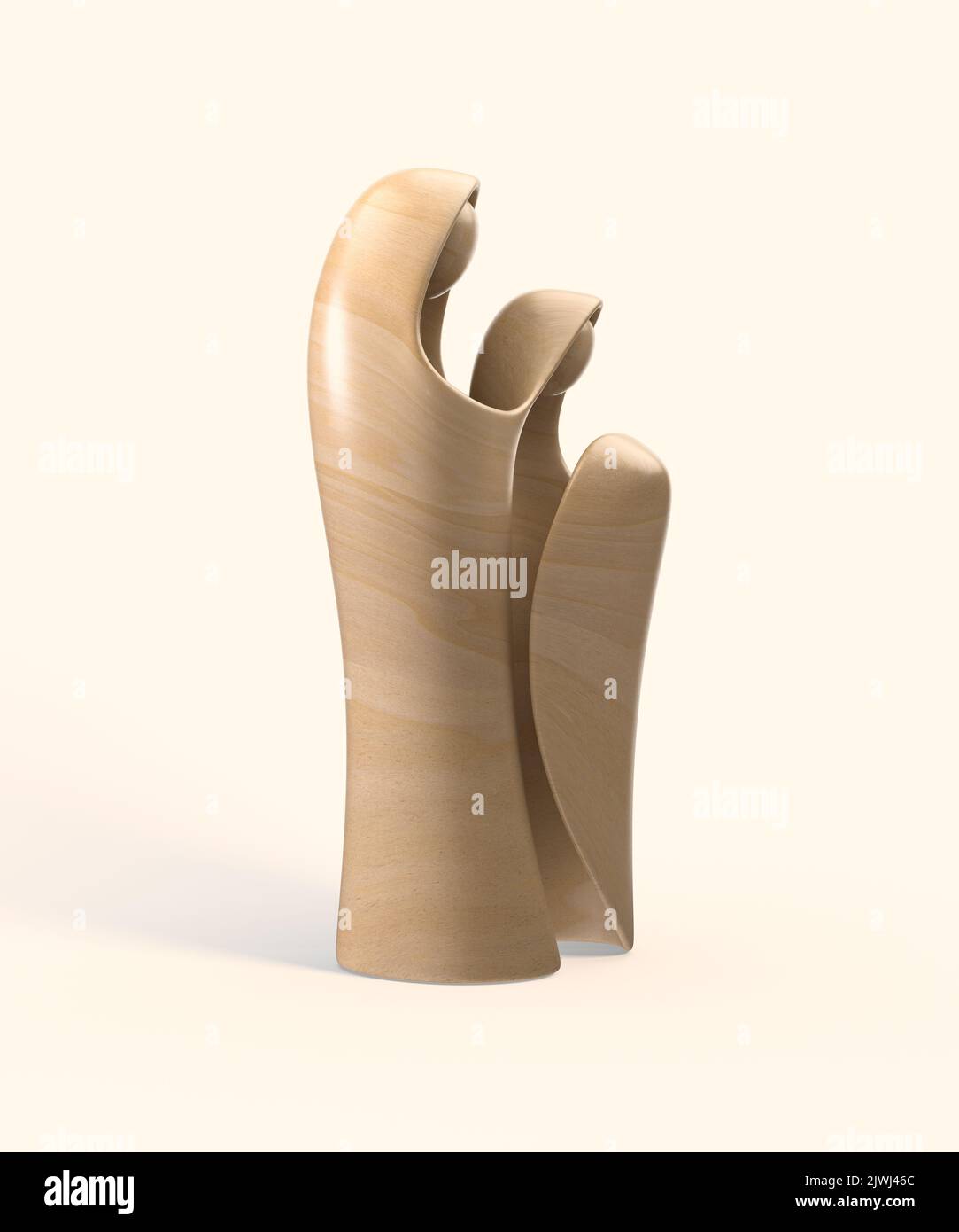 Eine abstrakte stilisierte Holzschnitzerei, die eine christliche weihnachtskrippe mit maria, josef und dem Jesuskind darstellt - 3D Render Stockfoto