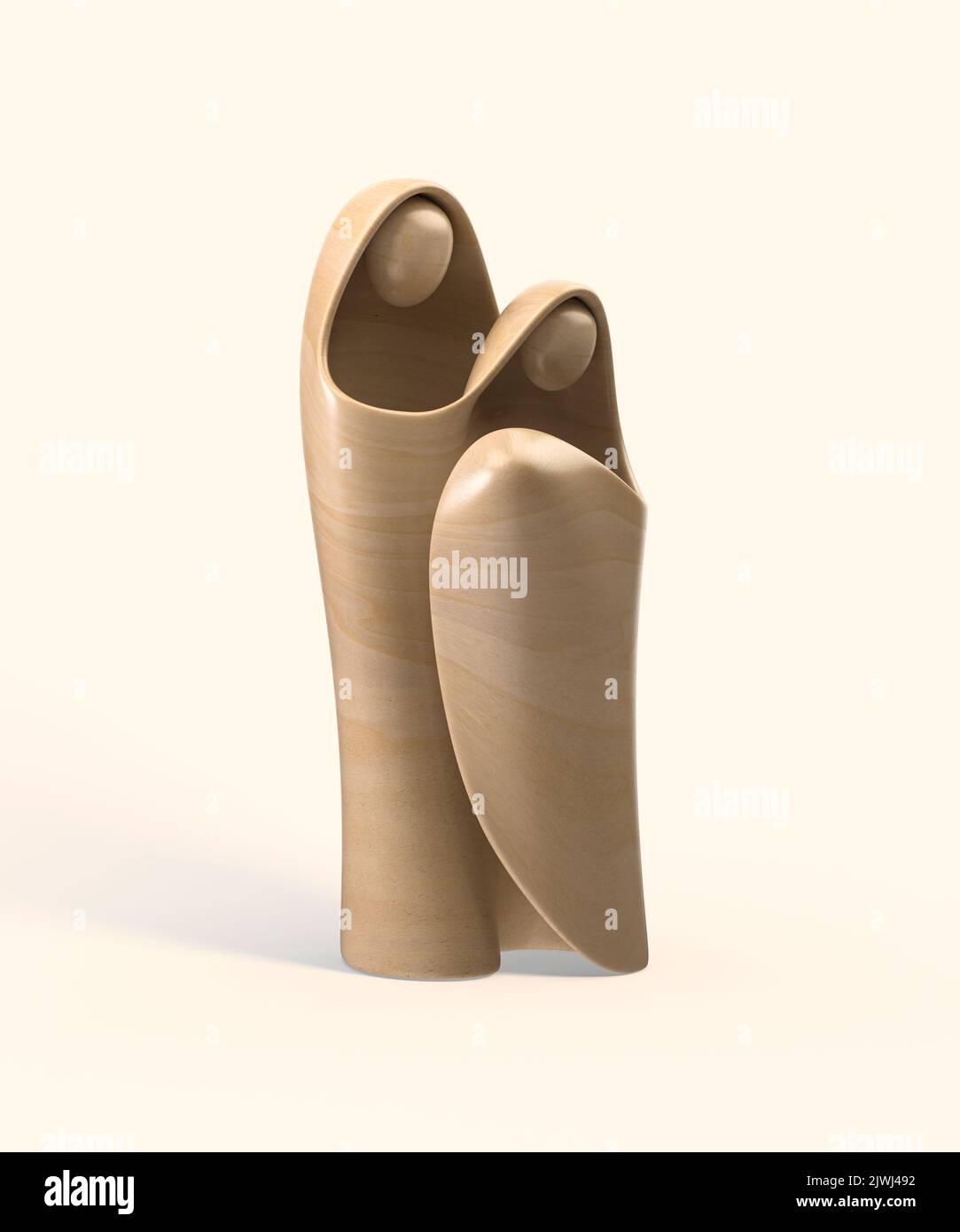 Eine abstrakte stilisierte Holzschnitzerei, die eine christliche weihnachtskrippe mit maria, josef und dem Jesuskind darstellt - 3D Render Stockfoto