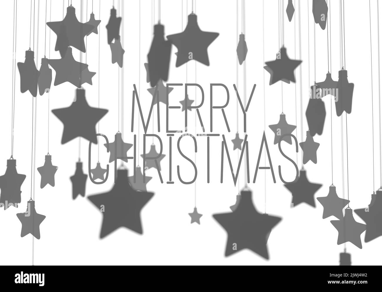 Eine Sammlung von silbernen und grauen weihnachtsstern geformten Dekorationen, die durch Testsagen fröhliche weihnachten auf einem isolierten Hintergrund umgeben sind - 3D Render Stockfoto