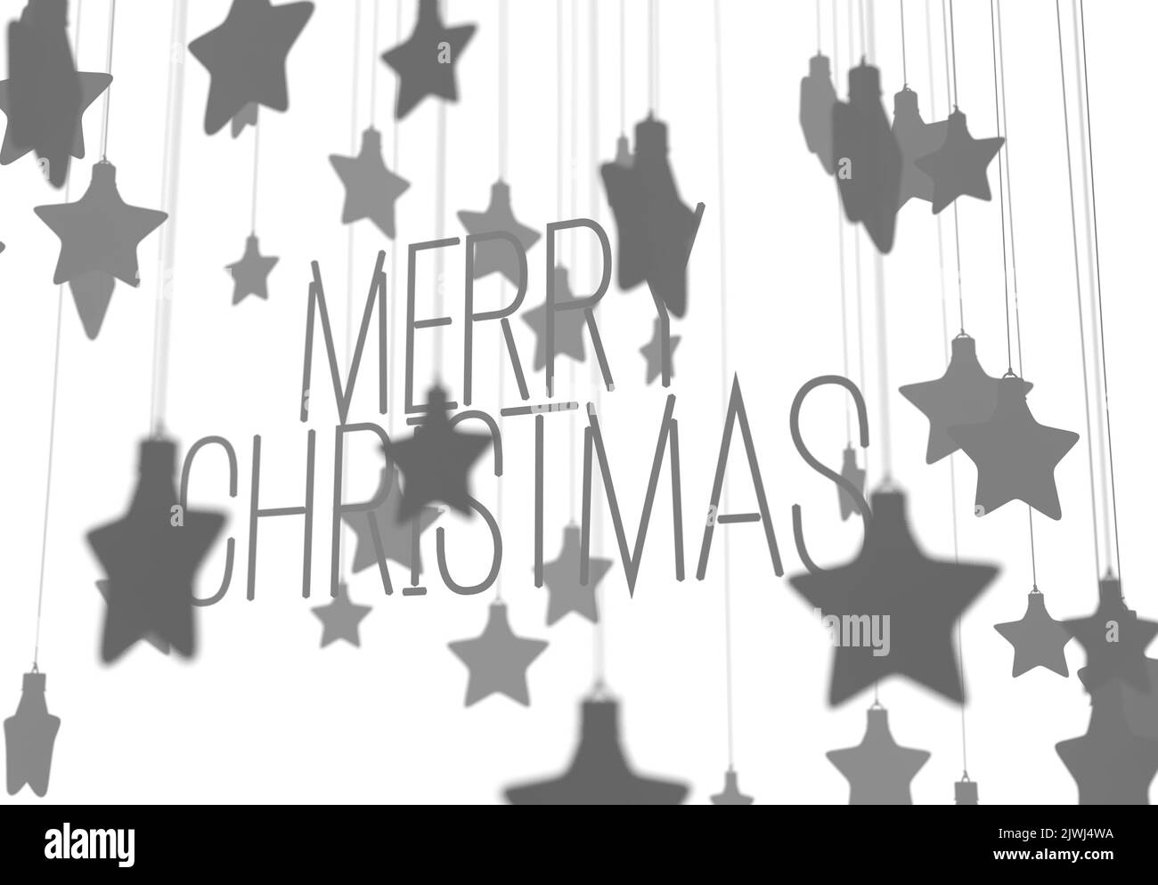 Eine Sammlung von silbernen und grauen weihnachtsstern geformten Dekorationen, die durch Testsagen fröhliche weihnachten auf einem isolierten Hintergrund umgeben sind - 3D Render Stockfoto