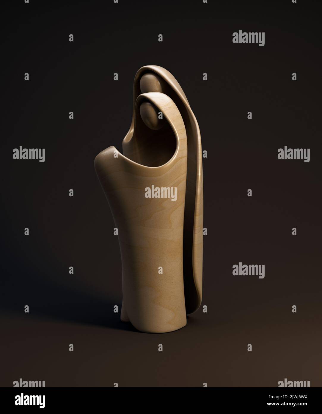 Eine abstrakte stilisierte Holzschnitzerei, die eine christliche weihnachtskrippe mit maria, josef und dem Jesuskind darstellt - 3D Render Stockfoto