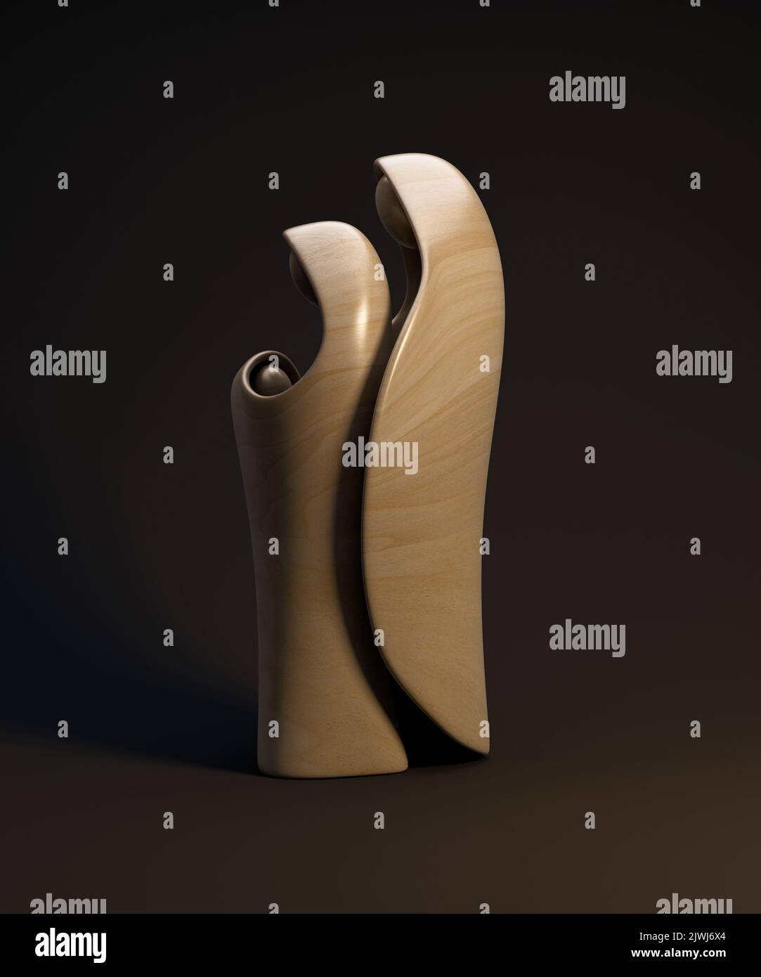 Eine abstrakte stilisierte Holzschnitzerei, die eine christliche weihnachtskrippe mit maria, josef und dem Jesuskind darstellt - 3D Render Stockfoto