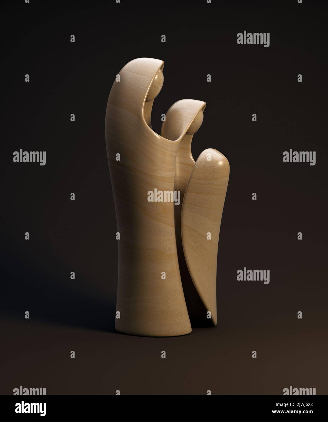 Eine abstrakte stilisierte Holzschnitzerei, die eine christliche weihnachtskrippe mit maria, josef und dem Jesuskind darstellt - 3D Render Stockfoto