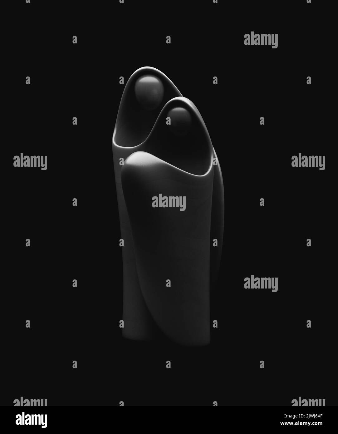 Eine abstrakte stilisierte Holzschnitzerei, die eine christliche weihnachtskrippe mit maria, josef und dem Jesuskind darstellt - 3D Render Stockfoto