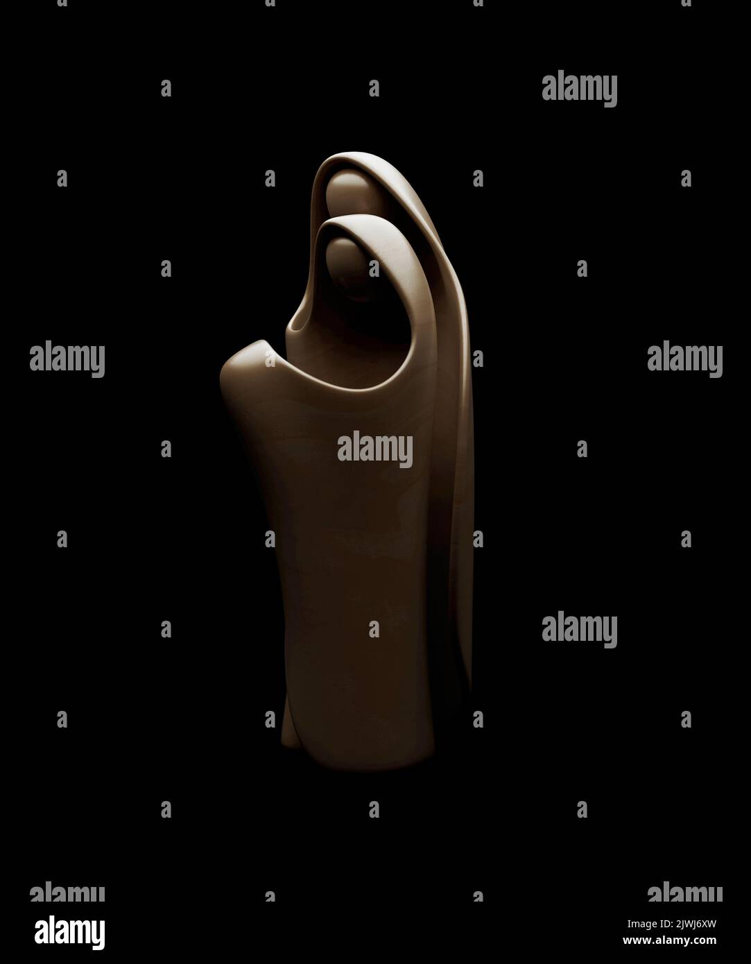 Eine abstrakte stilisierte Holzschnitzerei, die eine christliche weihnachtskrippe mit maria, josef und dem Jesuskind darstellt - 3D Render Stockfoto