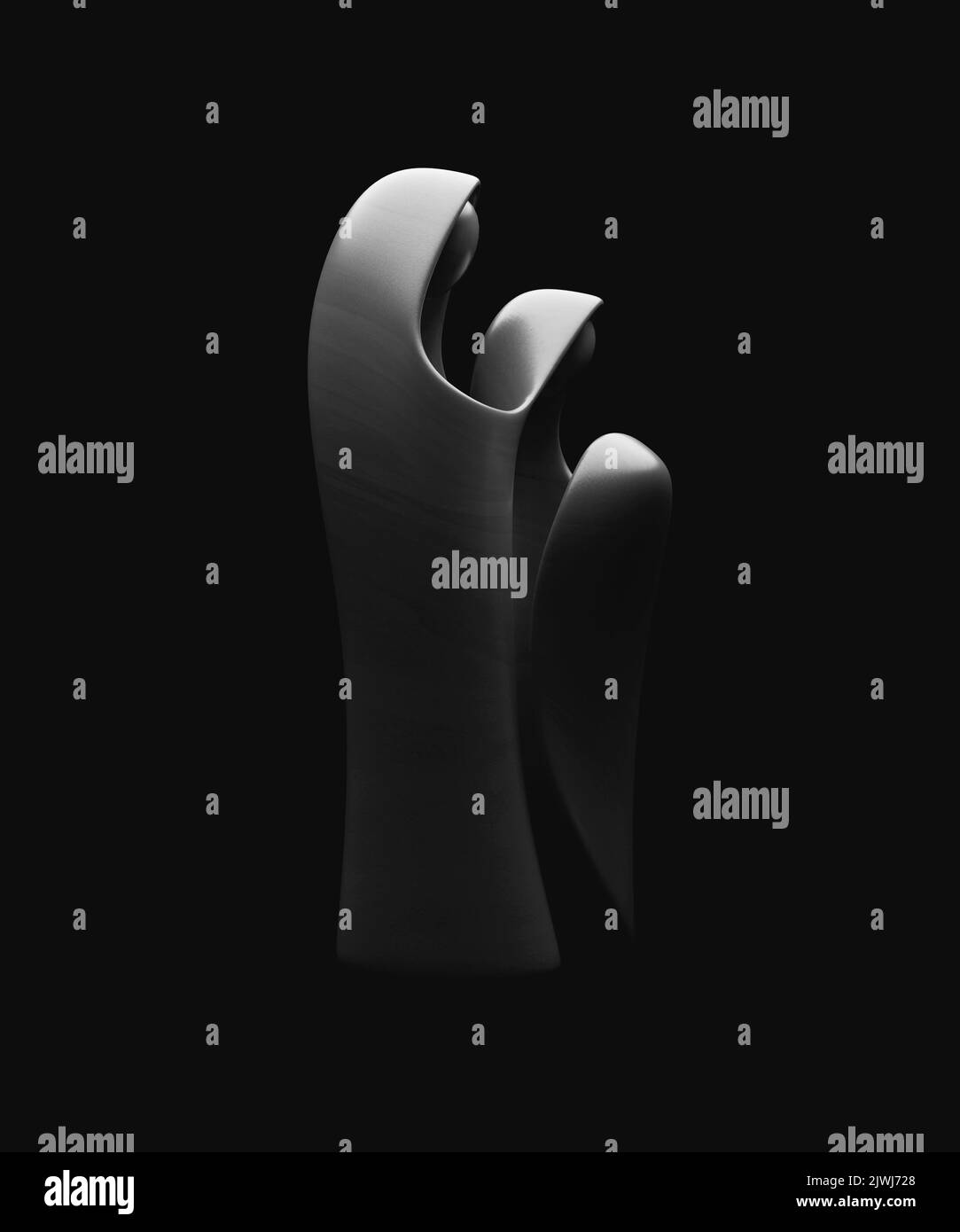 Eine abstrakte stilisierte Holzschnitzerei, die eine christliche weihnachtskrippe mit maria, josef und dem Jesuskind darstellt - 3D Render Stockfoto