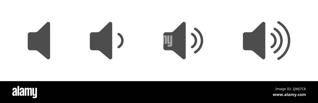 Lautstärkesymbol. Klangregler. Ein Satz von Symbolen für die Lautstärke- und Steuerschnittstelle. Durchflutete Silhouette, flacher Style. Stock Vektor