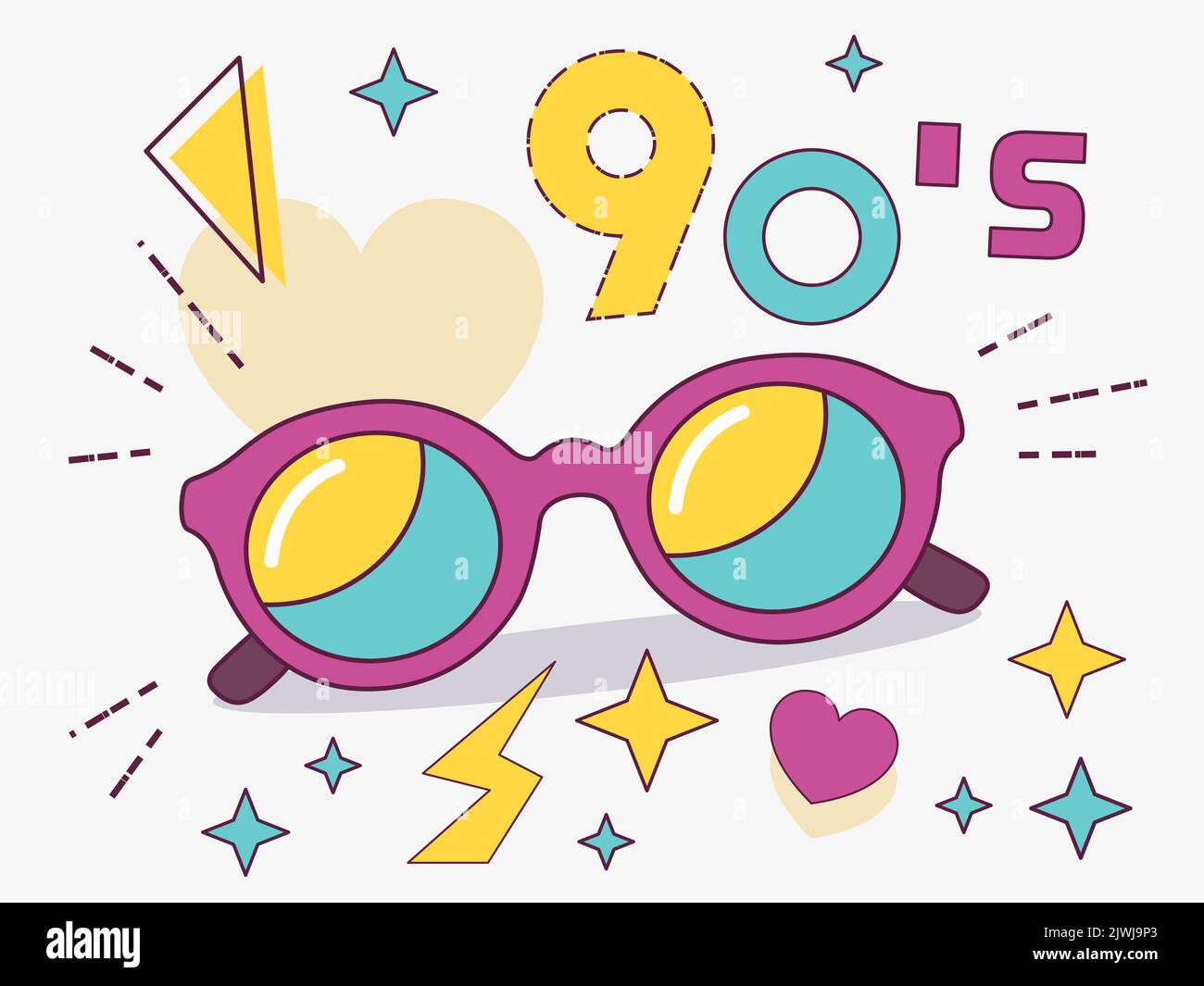 Retro-Design von runden Sonnenbrillen. Accessoires für Damen und Herren aus den Kollektionen der 90er Jahre. Vintage-Vektorgrafik. Stock Vektor