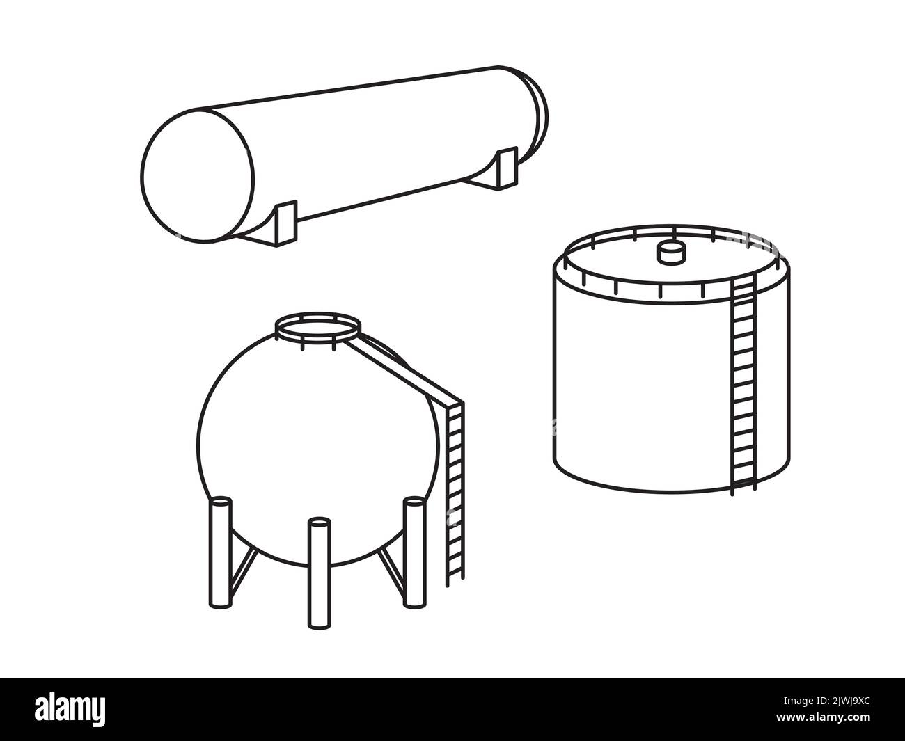 Industrielle Vektordarstellung eines auf transparentem Hintergrund isolierten Benzin-, Öl- oder Wassertanks. Rundes, zylindrisches Kraftstofftankmodell mit Metallst Stock Vektor