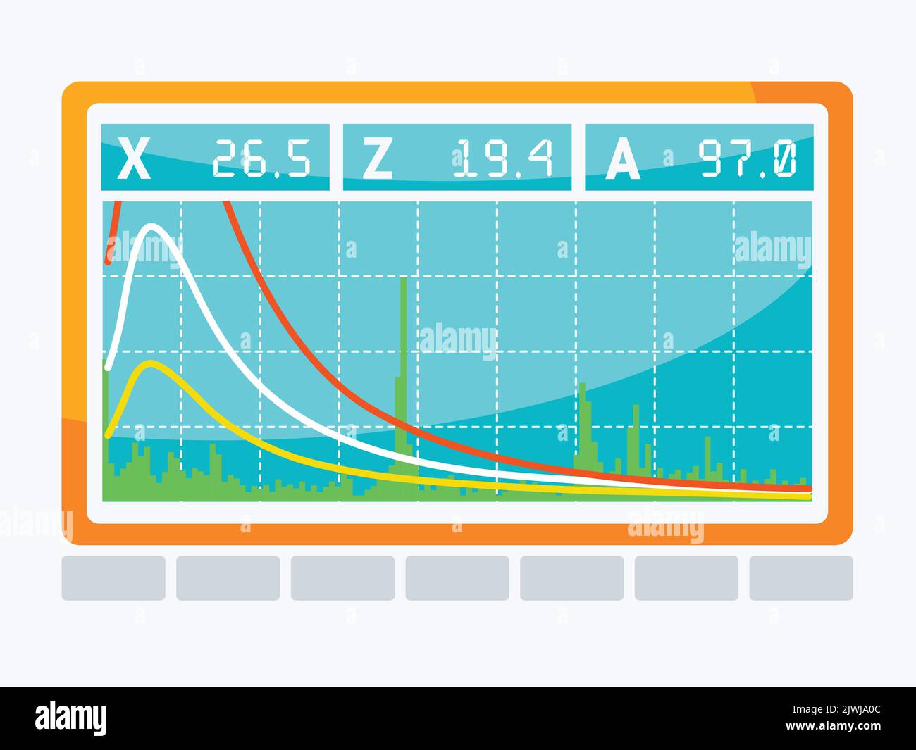 Bildschirm mit verschiedenen Impulsen und dem Rauschpegelwert. Monitor des Ultraschallgeräts. Grafik der Sinuswelle. Vektorgrafik. Stock Vektor