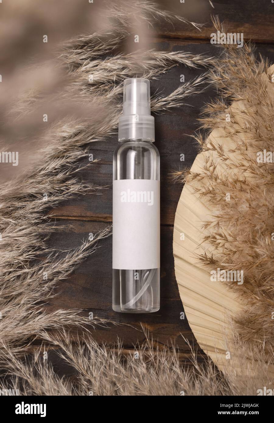 Transparente Sprühflasche auf Holz in der Nähe von getrocknetem Palmblatt und Pampas Gras Draufsicht, Etikett Mockup. Hautpflegemittel, Reinigungsmittel oder Wasser. Böhmische ec Stockfoto