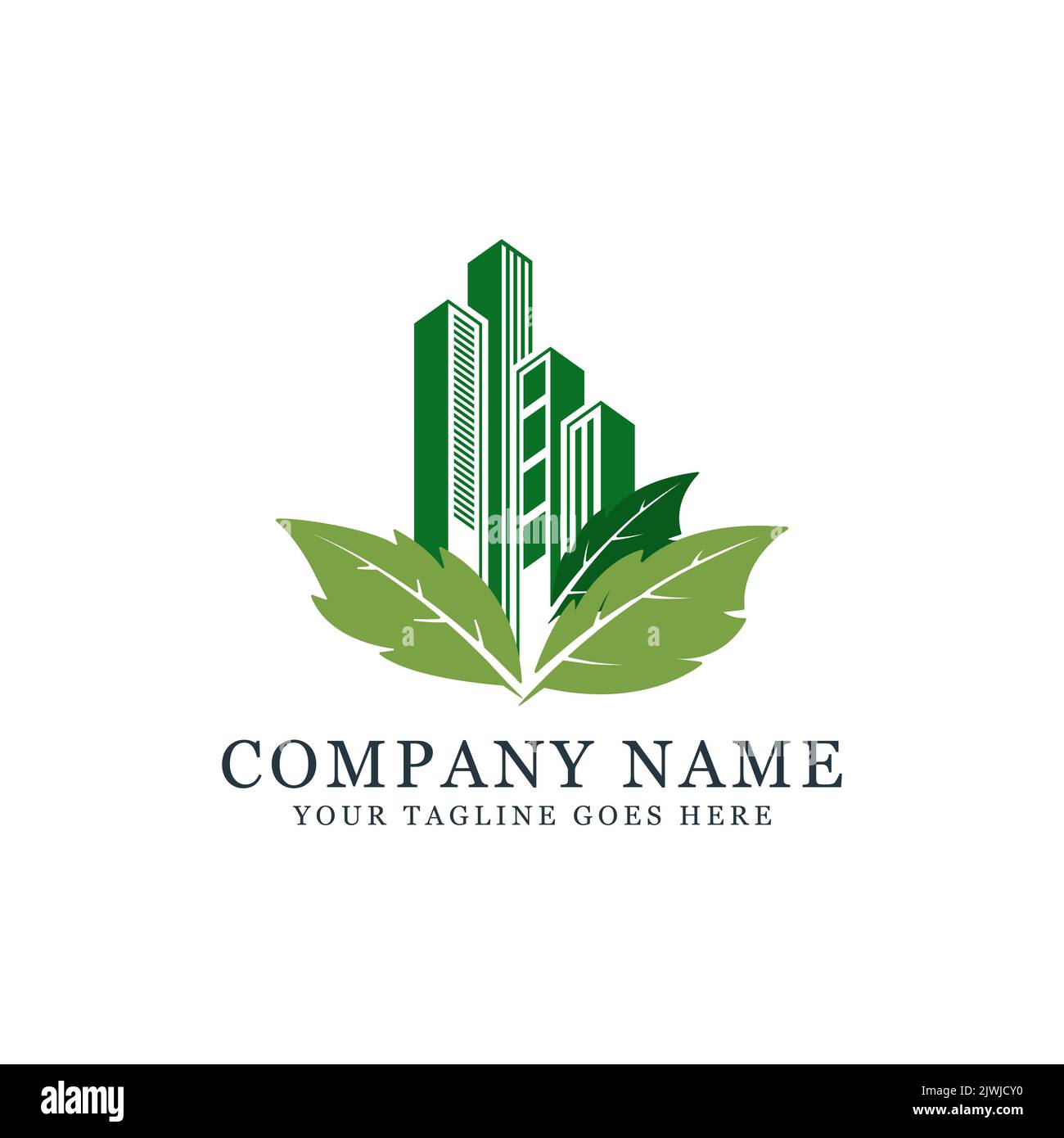 Green Building Bau Logo Design mit Blatt, am besten für den Bau, Immobilien, Wolkenkratzer und Unternehmen Logo Stock Vektor