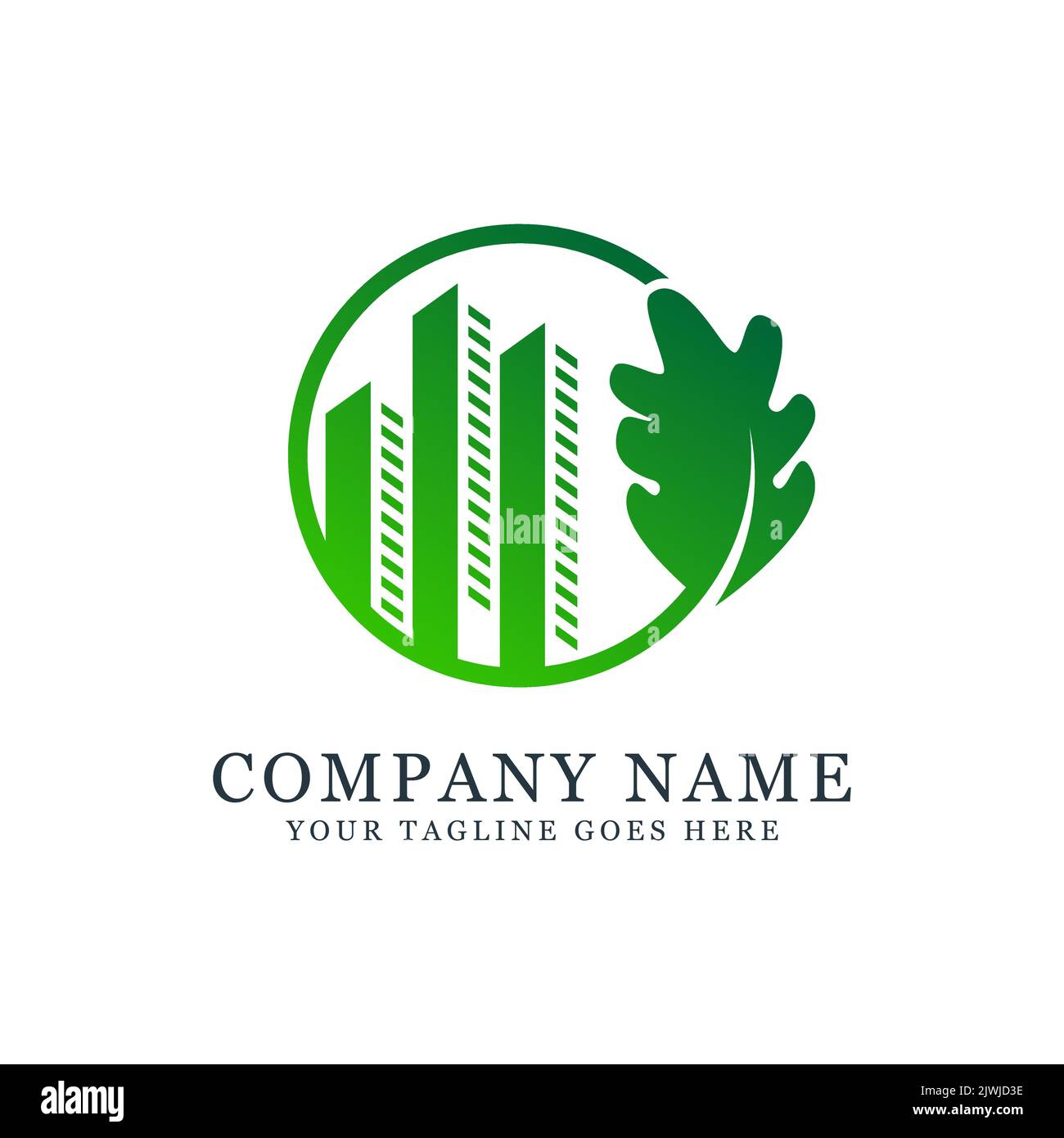 Green Building Bau Logo Design-Abzeichen mit Blatt, am besten für den Bau, Immobilien, Wolkenkratzer und Unternehmen Logo Stock Vektor