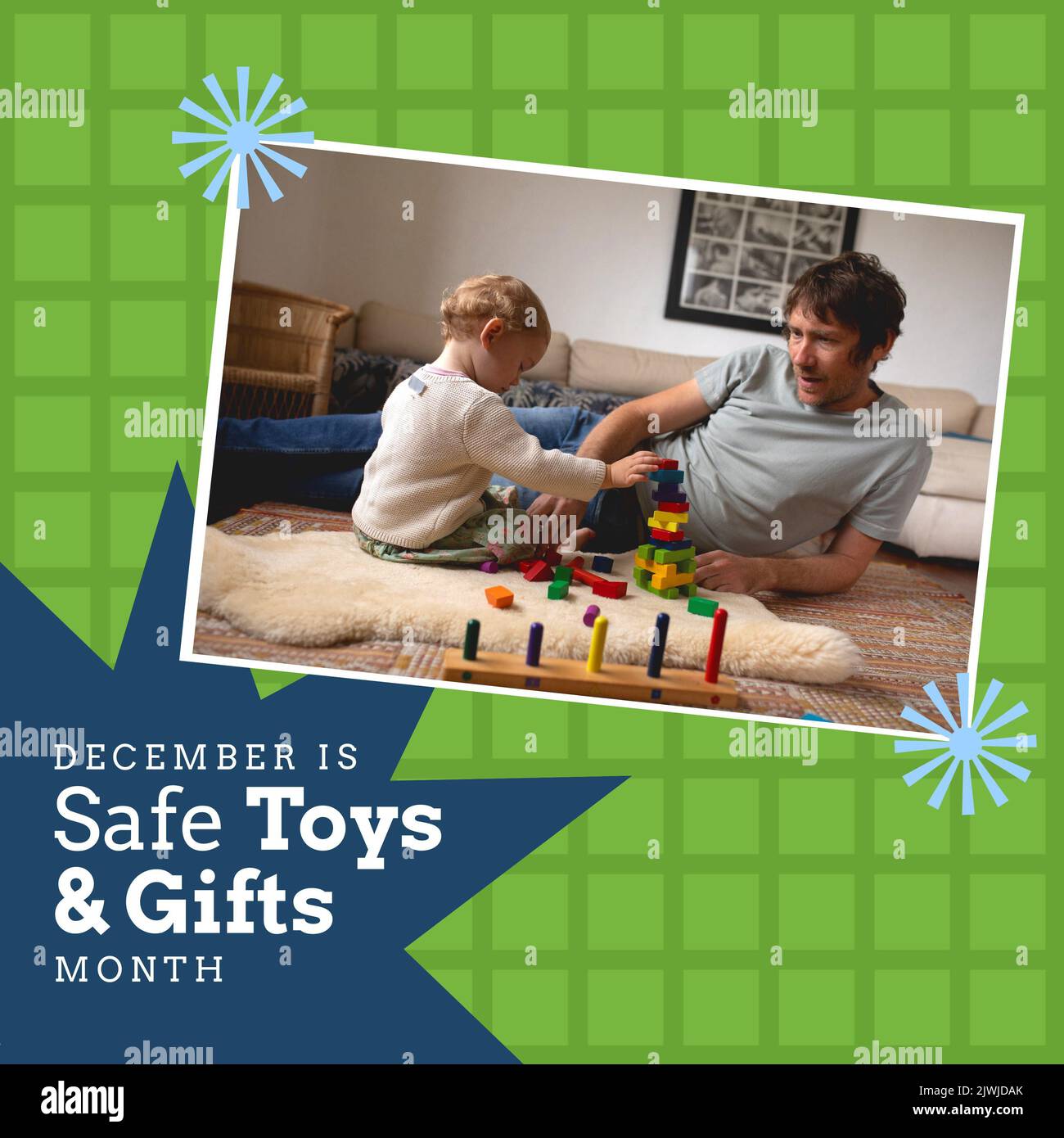 Vater schaut auf Baby spielen mit Spielzeug Block zu Hause und dezember ist sicher Spielzeug und Geschenke Monat Text Stockfoto