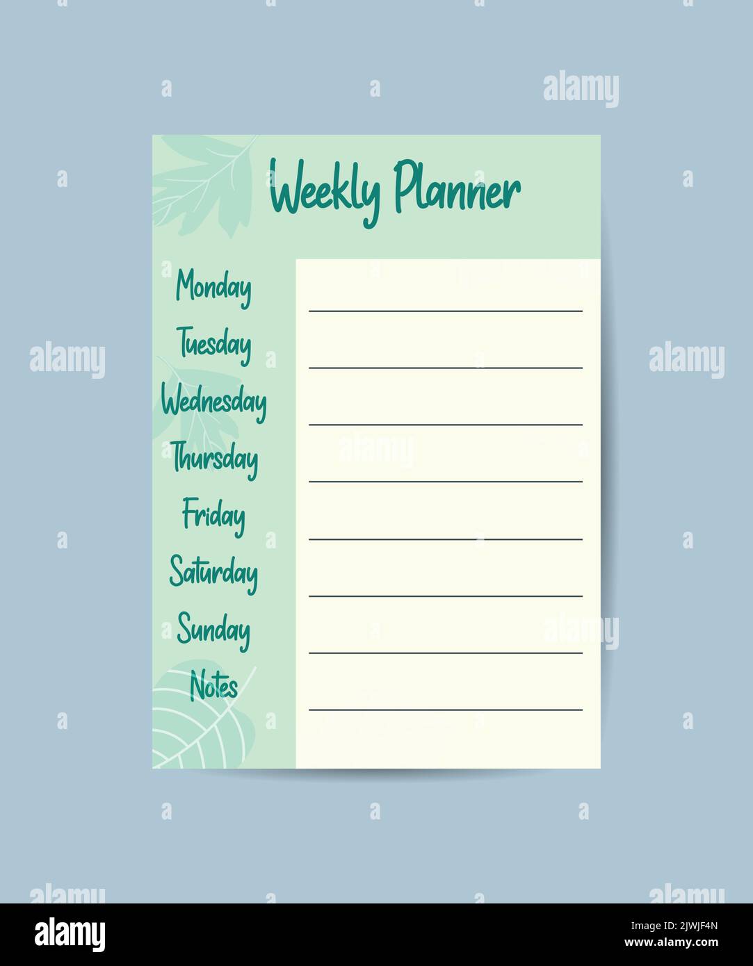 Florale Wochenplaner-Vorlage mit Schriftzügen und dekorativen Elementen. Stock Vektor