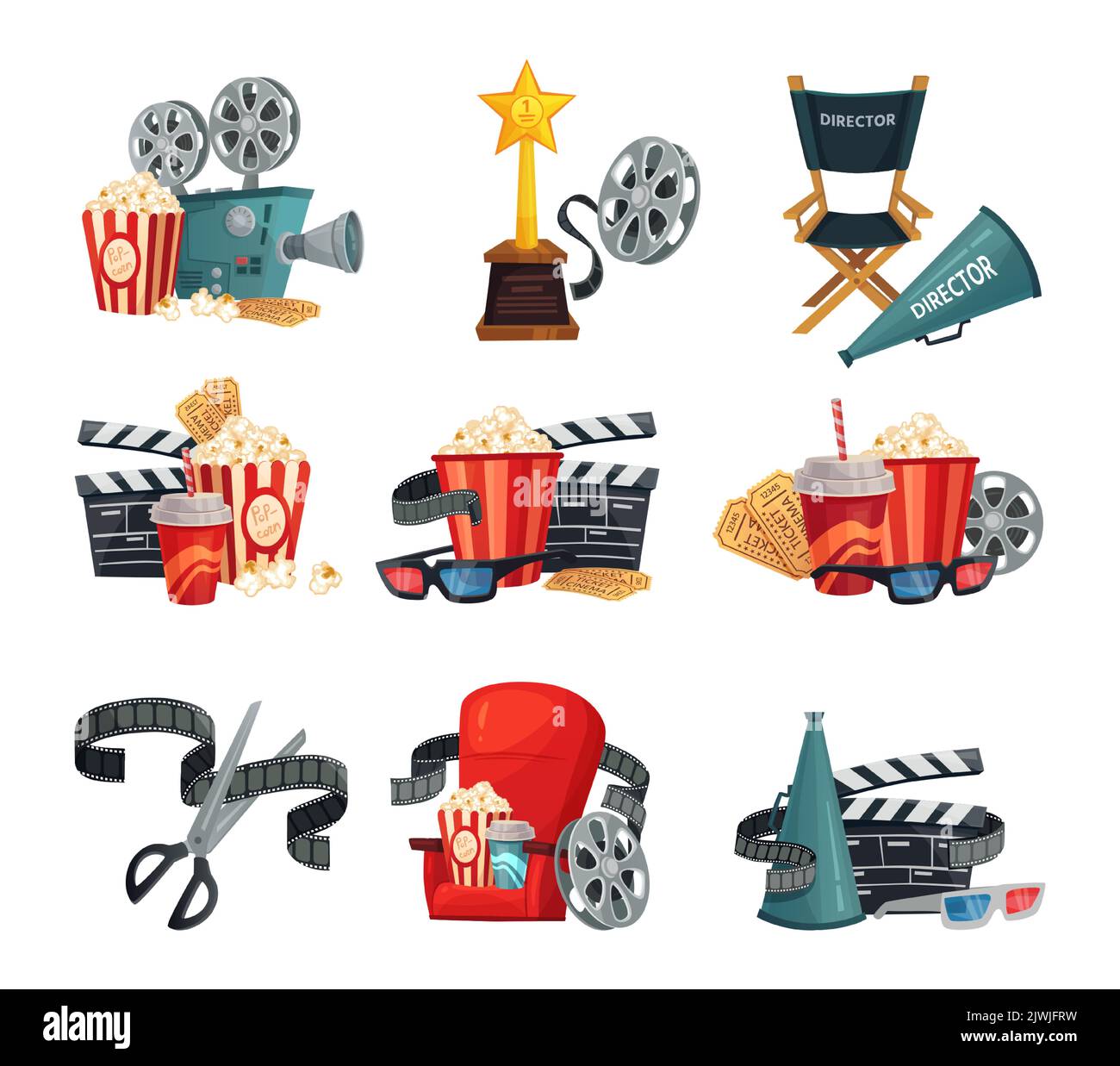Cartoon-Kino-Konzept, Rolle und Kamera, Popcorn und Getränk Stock Vektor