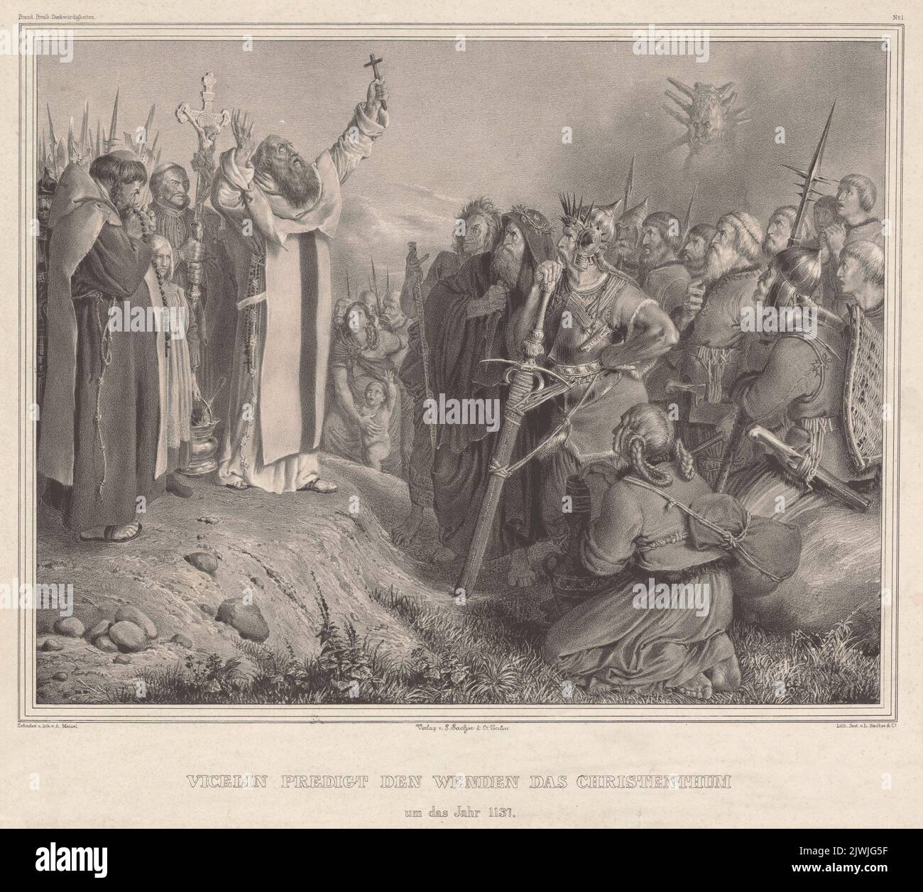 Święty Vicelinus nawraca Wendów, z cylu 'Denkwürdigkeiten aus der Brandenburgisch-Preußischen Geschichte'. Menzel, Adolph (1815-1905), Grafiker, Sachse, Ludwig & Co (Berlin ; Zakład litograficzny, wydawnictwo ; 1827-1949), Verleger Stockfoto