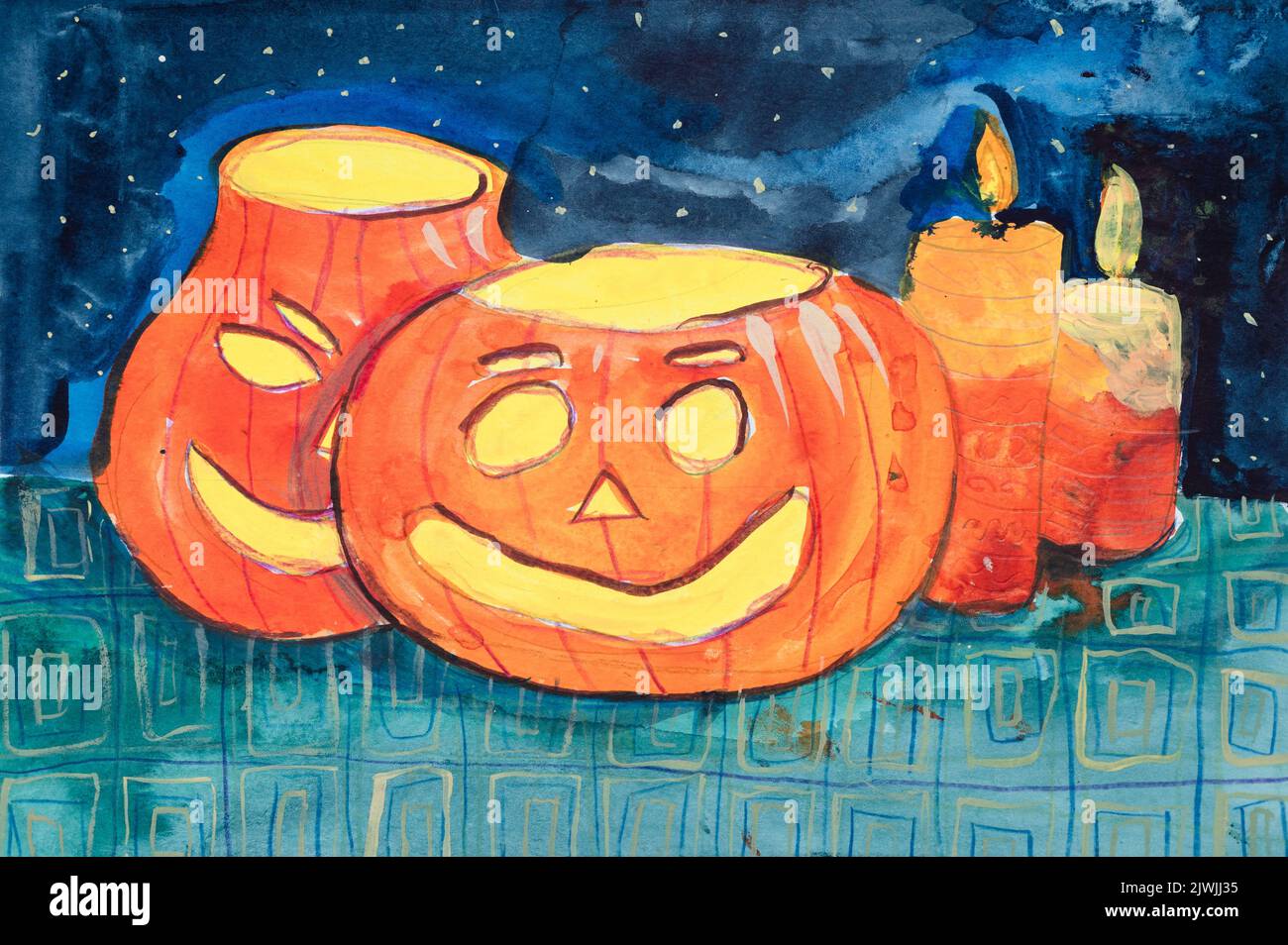 Kinder diy Aquarell Zeichnung auf strukturiertem Papier - zwei halloween Kürbisse Jack o'Laterne und Kerzen im Nachhaus beleuchtet. Kinder Kunst handgemachte Malerei Stockfoto