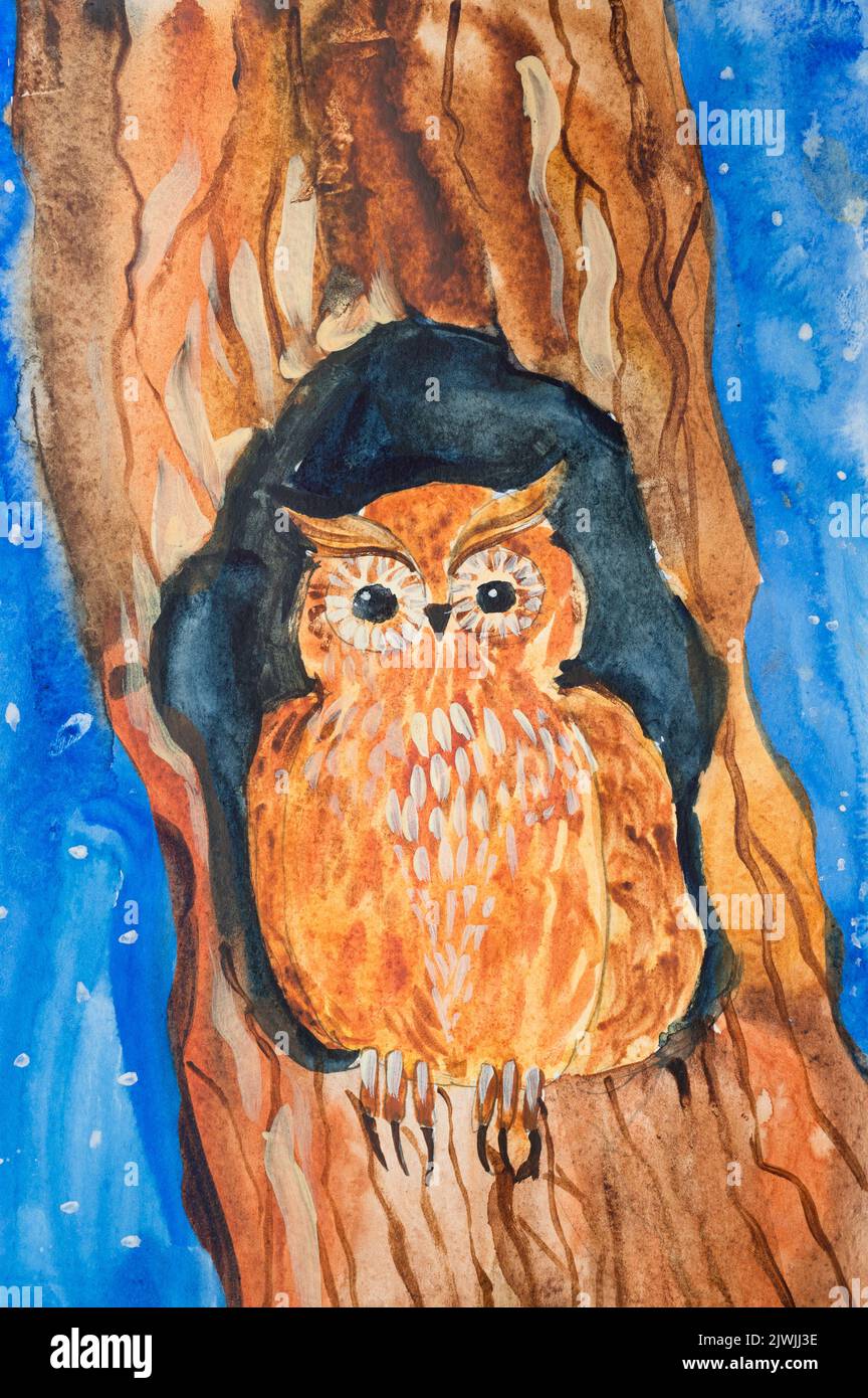 Kinder diy Aquarell Zeichnung auf strukturiertem Papier - ein brauner Vogel Eule oder Adler Eule oder Filin sitzt in einem hohlen Baum in der Nacht. Wildtier. Kinder Kunst han Stockfoto