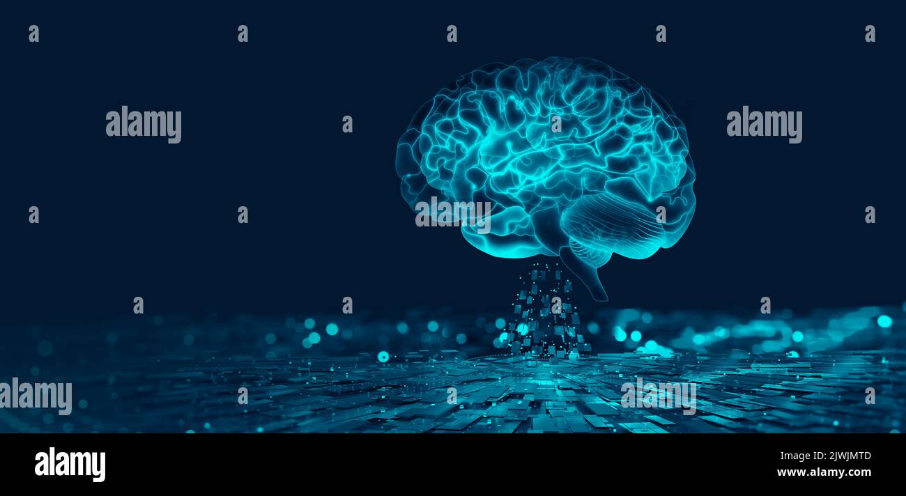 Künstliche Intelligenz, KI, Cyber-Gehirn. Digital Mind 3D-Illustration. Neuronale Verbindungen und Datenanalyse Netzwerkstruktur Stockfoto