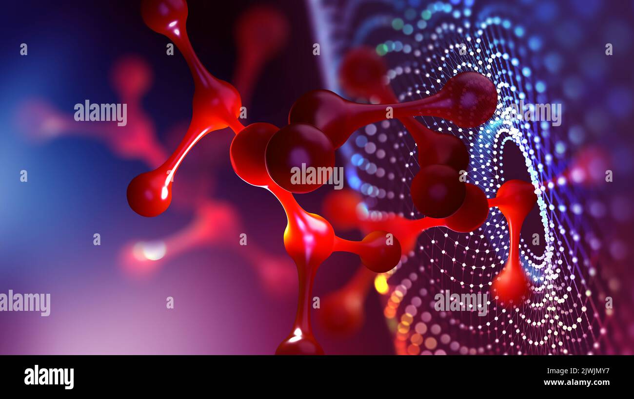 Abbildung des Moleküls 3D. Labor, Moleküle, Kristallgitter. Nanotech-Forschung in Biochemie, Chemie, Biologie, Mikrobiologie Stockfoto