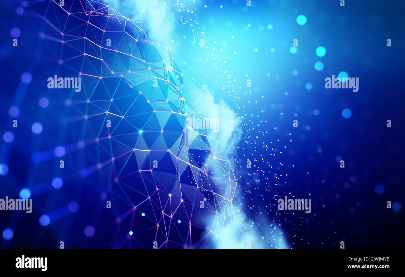 Big Data und Cybersicherheit 3D – Illustration. Neuronale Netze und Cloud-Technologien. Globale Datenbank und künstliche Intelligenz. Heller, farbenfroher Hintergrund Stockfoto