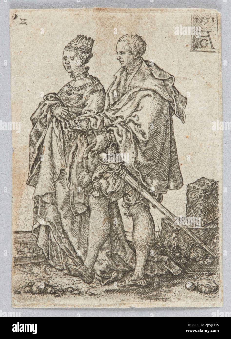 Tanzendes Paar, aus dem Zyklus Hochzeit Tänzer II. Aldegrever, Heinrich (1502-1555/1561), Grafiker Stockfoto