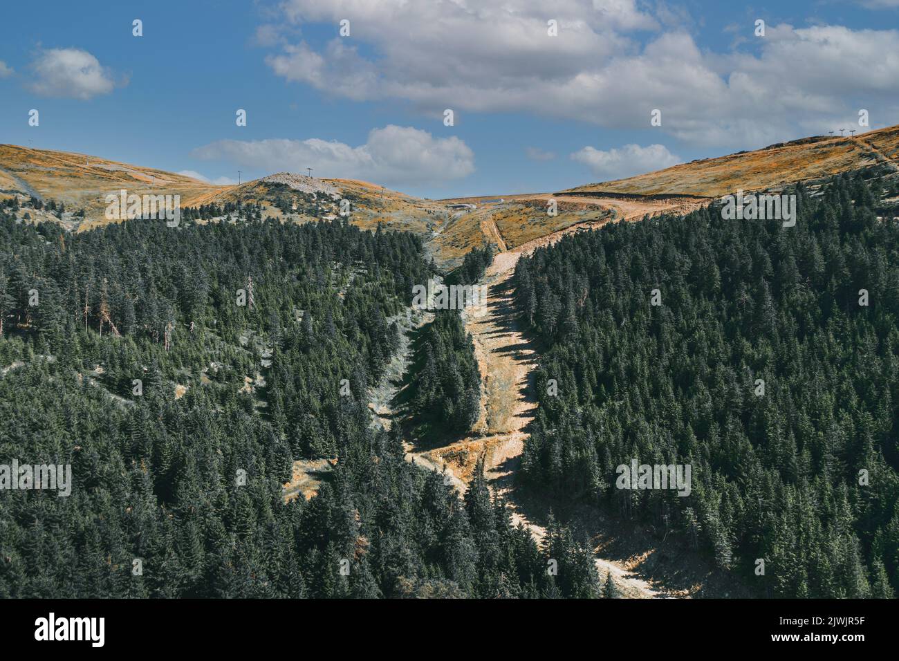 Luftlandschaftsansicht von hohen Gipfeln mit dunklen Kiefernwäldern in wilden Bergen.schöne Aussicht vom Wanderweg in den Karpaten. Stockfoto
