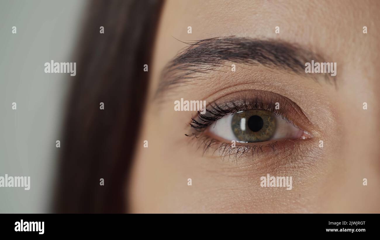 Nahaufnahme einer Frau mit Haselauge und Mascara auf den Wimpern, die die Kamera isoliert auf Grau betrachtet Stockfoto