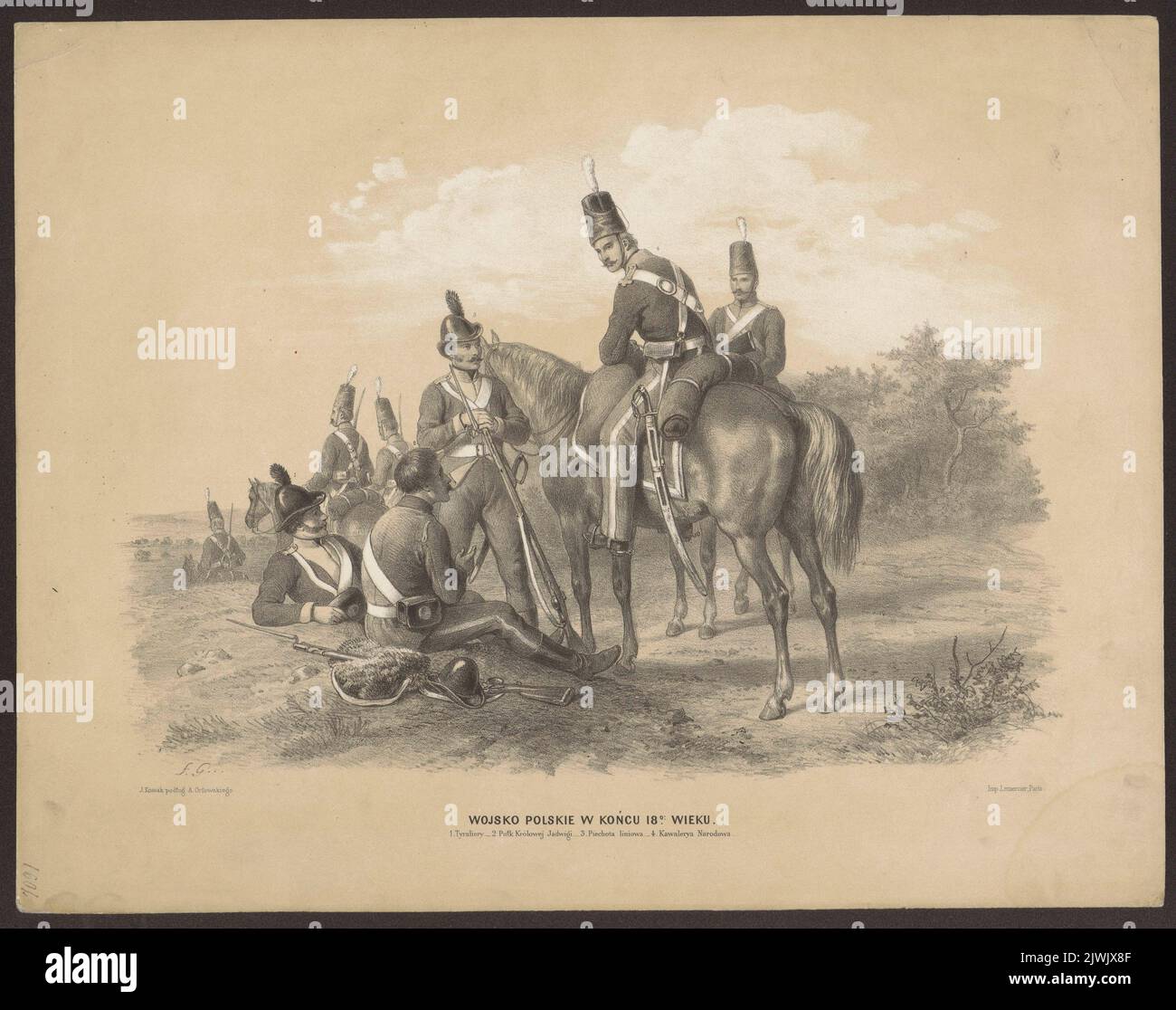 Wojsko polskie w końcu XVIII W.: 1) Tyralierzy, 2) Pułk Królowej Jadwigi, 3) Piechota liniowa, 4) Kawaleria Narodowa. Lemercier, Rose Joseph (Paryż ; Zakład litograficzny ; 1827-post 1899), Lithographie-atelier, Grenier de Saint-Martin, Francisque-Martin-François (1793-1867), Grafikerin, Orłowski, Aleksander (1777-1832), Zeichner, Karikaturist, Juliusz Kossak (1824-1899), Zeichner, Karikaturist, Wilczyński, Jan Kazimierz (1806-1885), Herausgeber Stockfoto