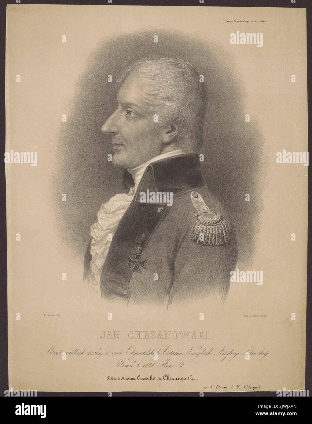 Portret Jana Chrzanowskiego. Grenier de Saint-Martin, Francisque-Martin-François (1793-1867), Grafiker, Lemercier, Rose Joseph (Paryż ; Zakład litograficzny ; 1827-post 1899), Workshop, Wilczyński, Jan Kazimierz (1806-1885), Herausgeber Stockfoto