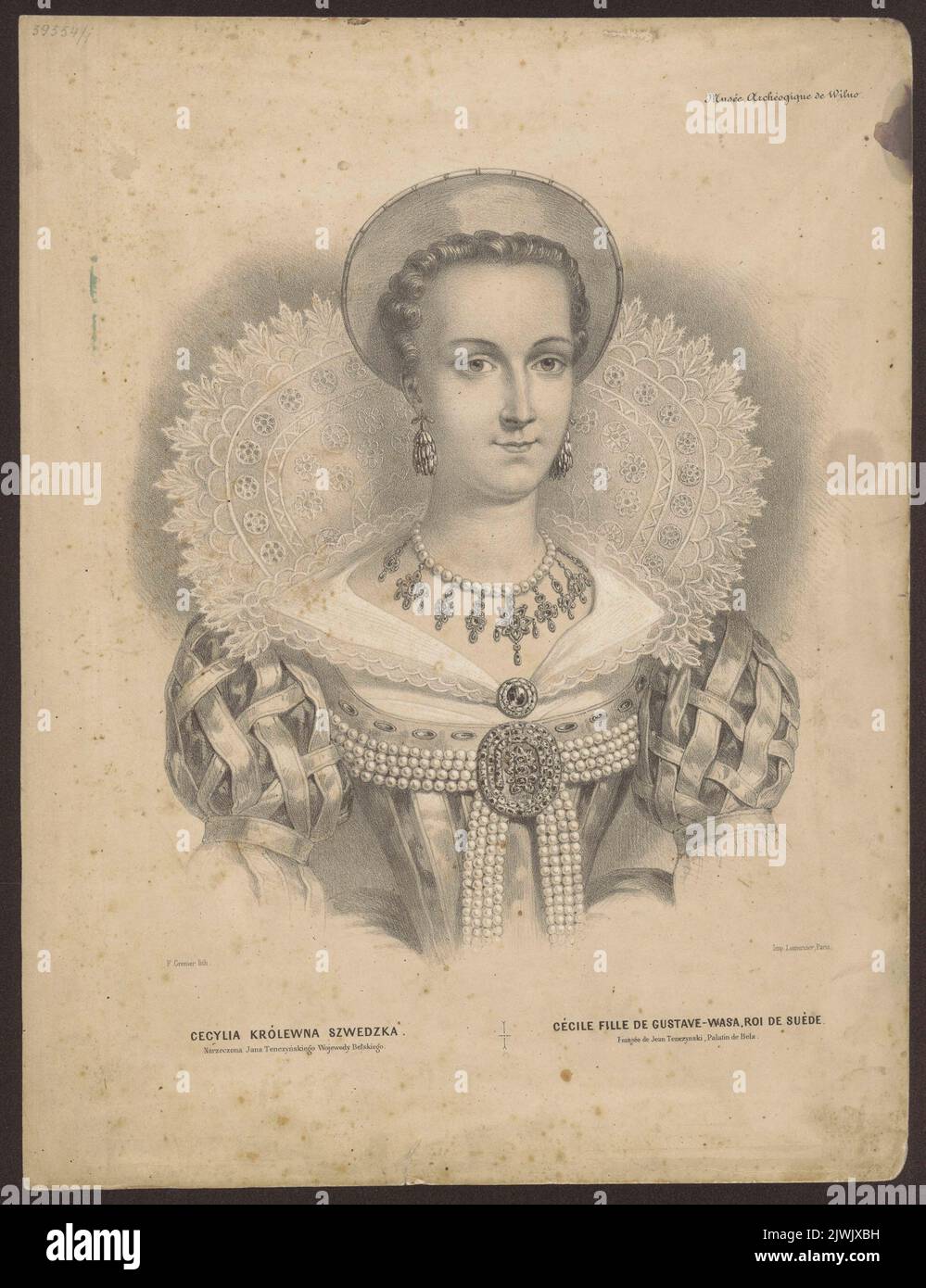 Portret Cecylii królewny szwedzkiej. Lemercier, Rose Joseph (Paryż ; Zakład litograficzny ; 1827-post 1899), Lithographie-atelier, Grenier de Saint-Martin, Francisque-Martin-François (1793-1867), Grafikerin, Wilczyński, Jan Kazimierz (1806-1885), Verleger Stockfoto