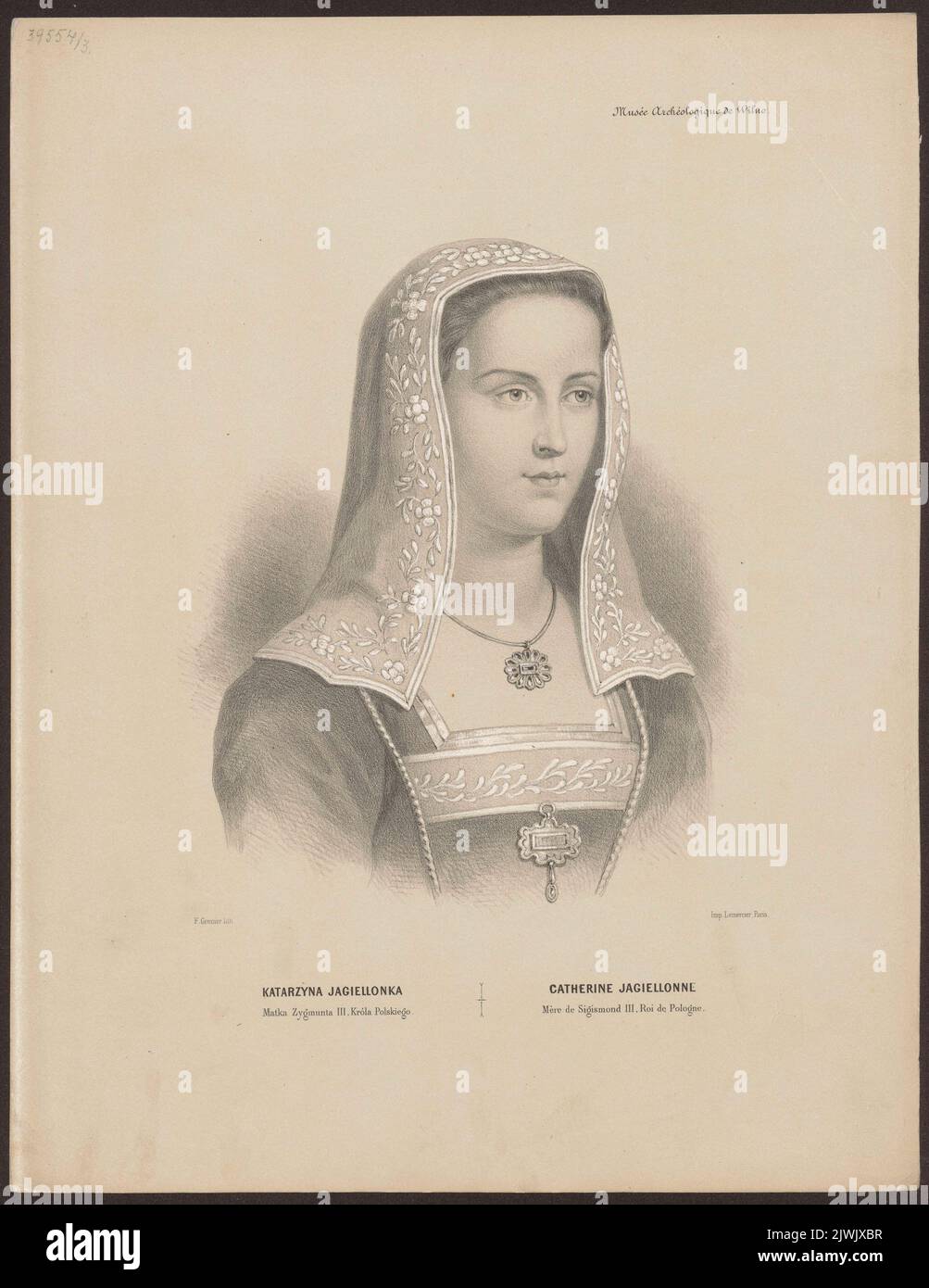 Portret Katarzyny Jagiellonki. Lemercier, Rose Joseph (Paryż ; Zakład litograficzny ; 1827-post 1899), Lithographie-atelier, Grenier de Saint-Martin, Francisque-Martin-François (1793-1867), Grafikerin, Wilczyński, Jan Kazimierz (1806-1885), Verleger Stockfoto