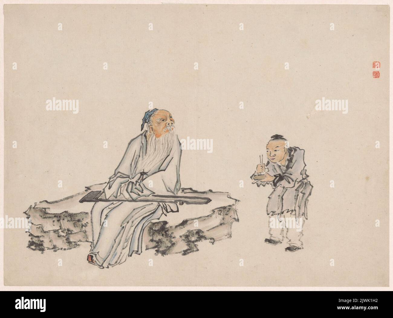 Der alte Mann spielt Zither und seinen Diener. Huang, Shen (1687 - po 1768), Maler Stockfoto