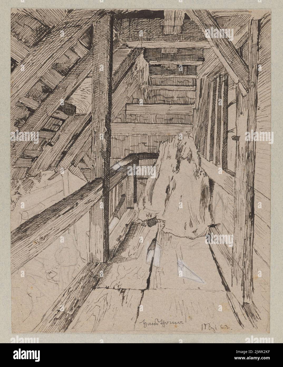 Fragment einer überdachten Holzverande mit sichtbarer Struktur des Dachträgers. Thoma, Hans (1839-1924), Zeichner, Karikaturist Stockfoto