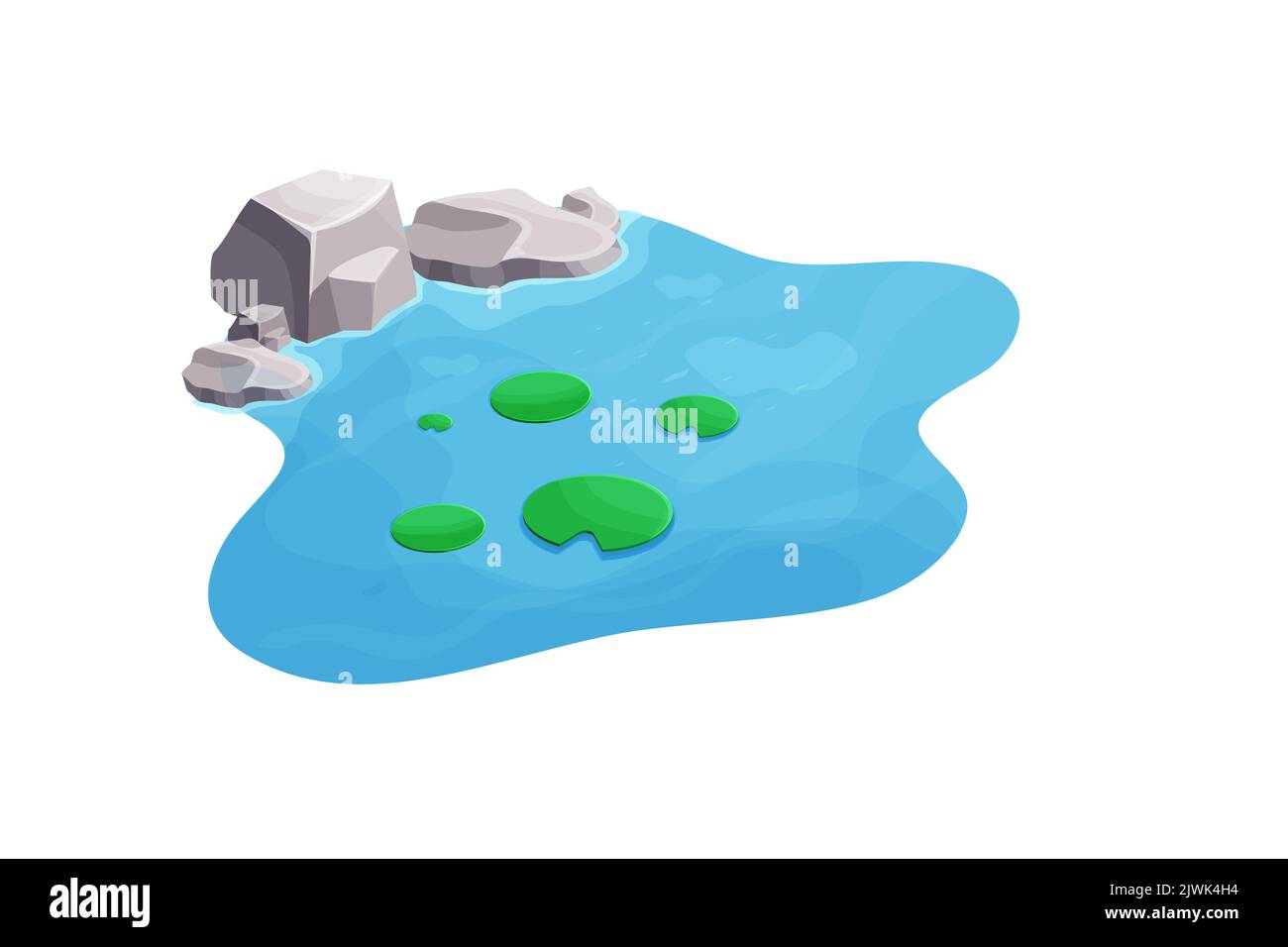 See mit ruhigem Wasser, Lilie und Steinen im Cartoon-Stil isoliert auf weißem Hintergrund. Naturteich im Freien. Isometrische Ansicht. Vektorgrafik Stock Vektor