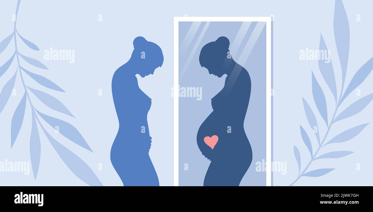 Die Frau sieht sich im Spiegel schwanger Stock Vektor