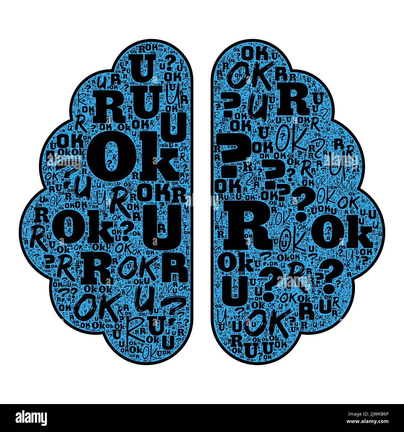 Darstellung der Gehirnform mit R U OK Day Wortwolke mit bunten Buchstaben. Der R U OK Day ist ein australischer Aktionstag, der dem inspirierenden al gewidmet ist Stockfoto